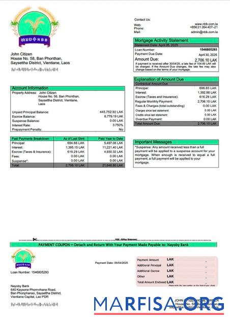 Realistic Laos Nayoby Bank mortgage statement Word and PDF template